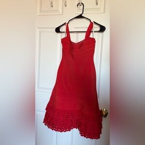 Herve Leger Vibrant Red Bandage Dress with Scalloped Neckline NWT
